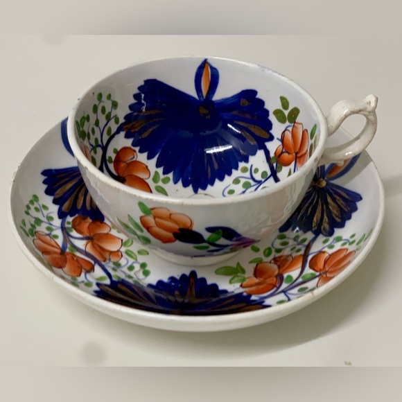 19th Century Antique Gaudy Welsh Butterfly Pattern Hand Painted Cup & Saucer Set - Picture 7 of 15